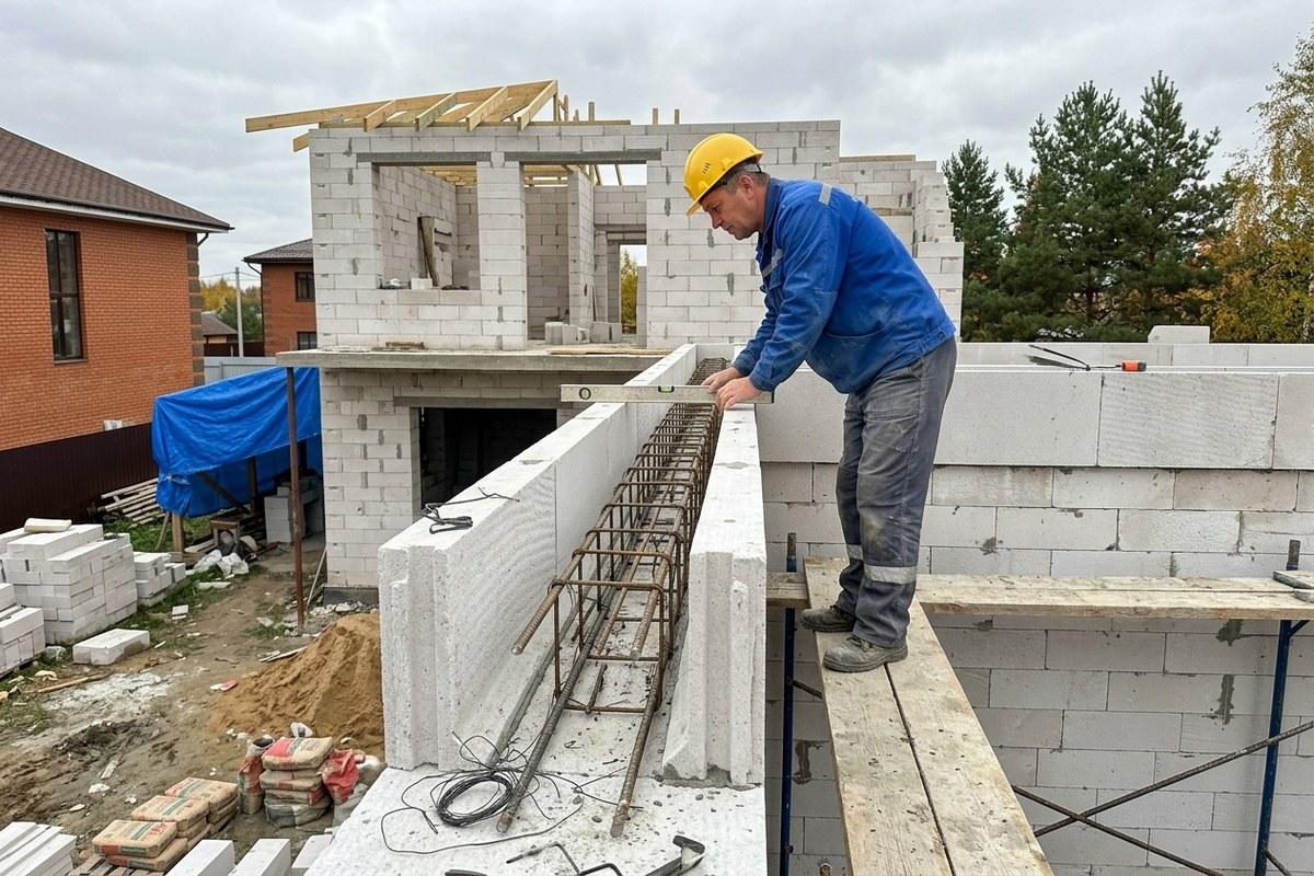 Монолитный армопояс в кладке из газобетонных блоков под плиты перекрытия